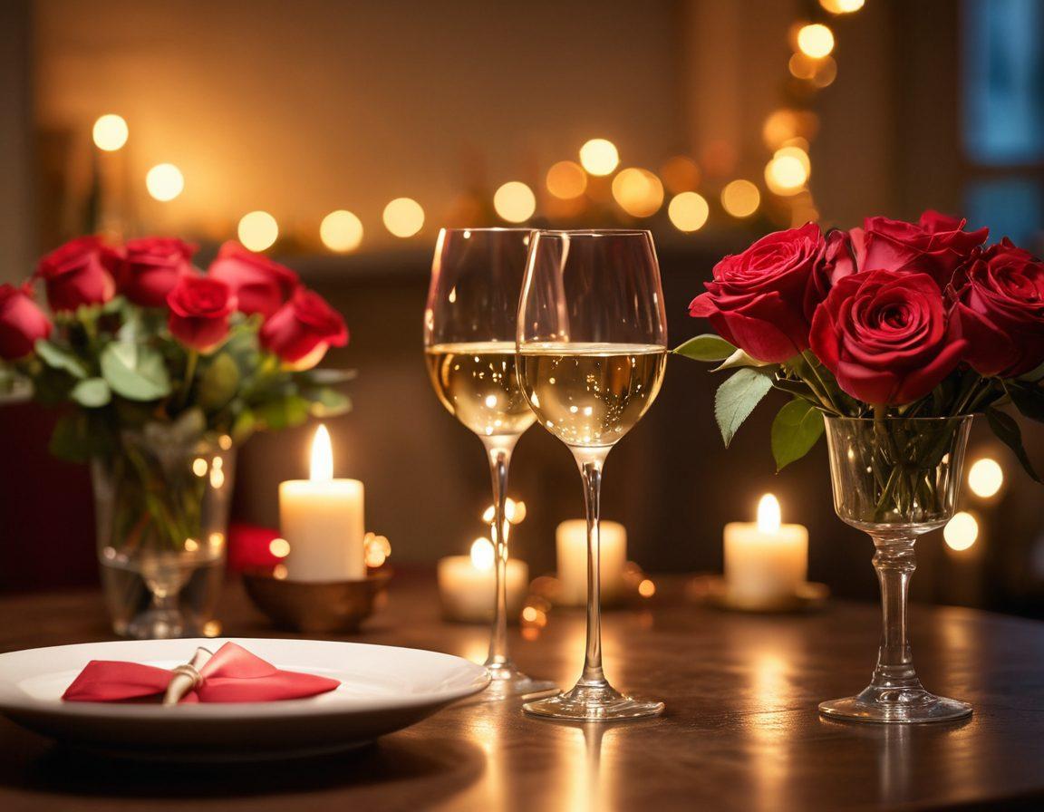 A cozy candlelit dinner setting with a beautifully set table, featuring two elegant wine glasses and a bouquet of red roses in the center. In the background, a soft-focus silhouette of a couple sharing an intimate moment, surrounded by warm golden twinkling fairy lights. The scene radiates warmth, romance, and connection. super-realistic. warm colors. soft bokeh effect.