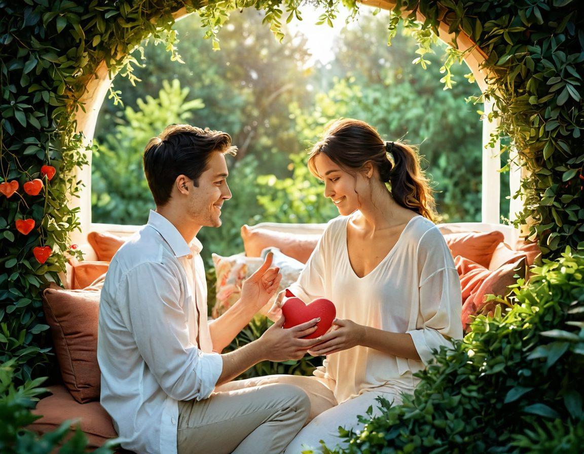 A warm, inviting scene of a couple communicating their love through various 'love language' icons like words, acts, gifts, quality time, and physical touch, intricately blended into a heart shape. Soft, romantic lighting to evoke intimacy and connection, with lush greenery and a cozy setting in the background. Emphasize warmth and affection through gentle facial expressions and body language. watercolor style. warm colors. soft focus.
